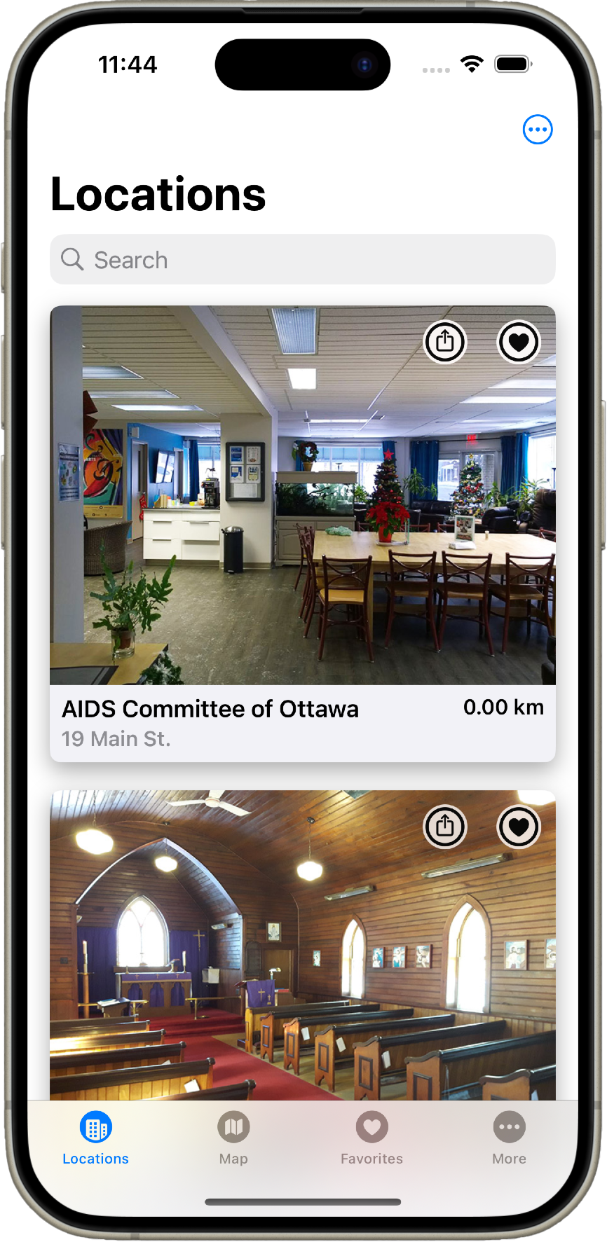 Screenshot of a mobile app showing a list of nearby AIDS service organizations. The top of the screen shows the time 11:44. Below that is a search bar. The list shows the AIDS Committee of Ottawa at a distance of 0.00 km from the user's location. The address is listed as 19 Main St. Below the list are three tabs: Map, Favourites, and More.